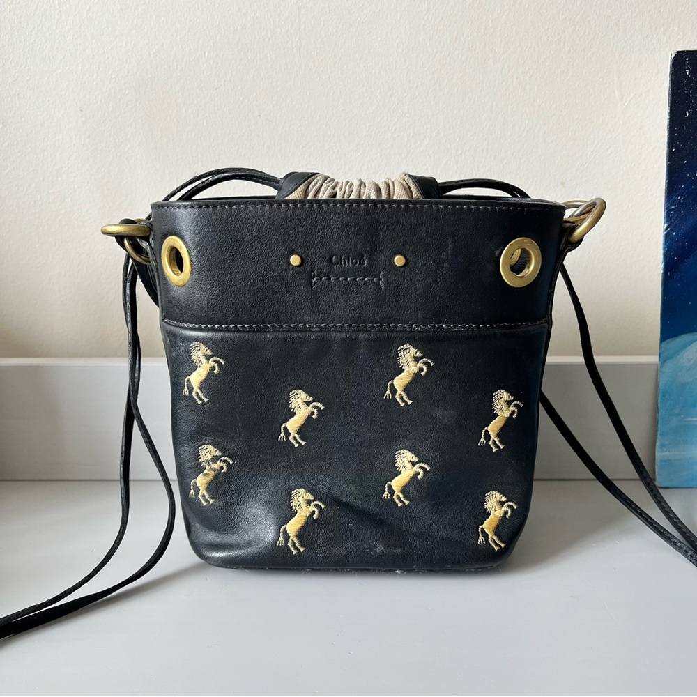 Chloe Roy Black Drawstring Bucket Bag with Horses